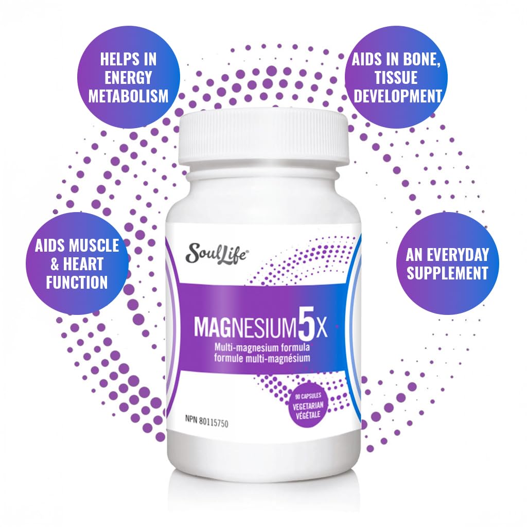 SoulLife Magnesium5X capsules close-up showing easy-to-swallow design for daily support.