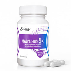 SoulLife Magnesium5X formula blend capsules showcase broad mineral support and electrolyte balance.