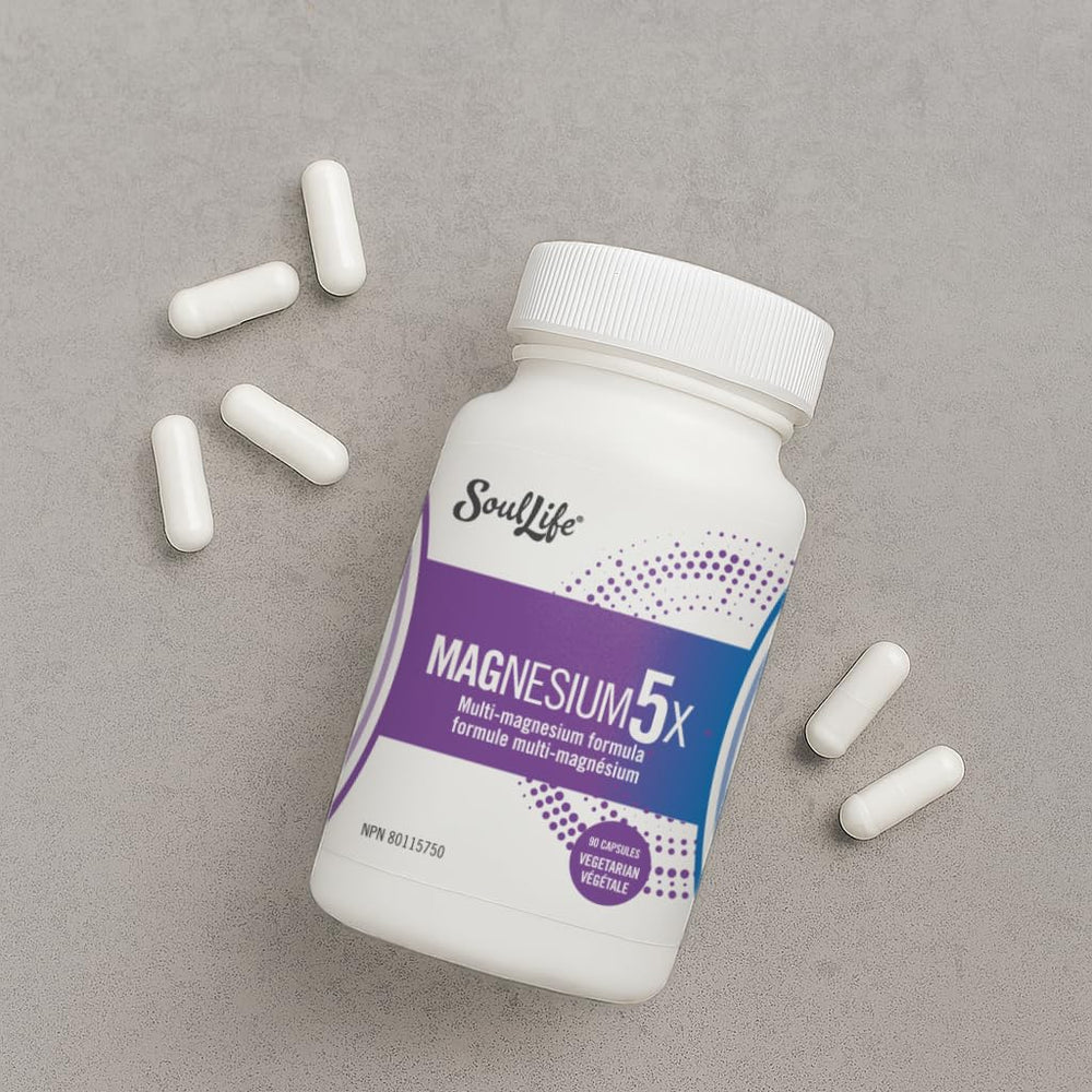 SoulLife Magnesium5X label detail shows five magnesium forms and vegetarian capsules.