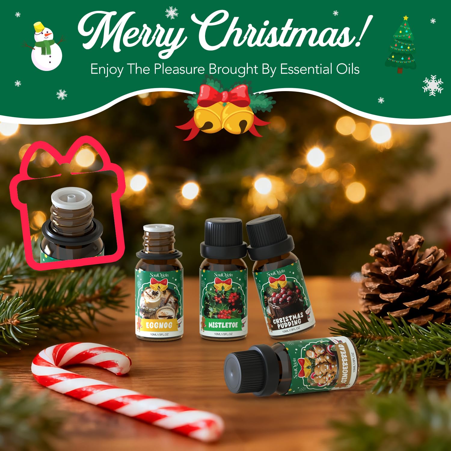 SoulOrigin Christmas mistletoe oil bottle refreshes living spaces aromatically.