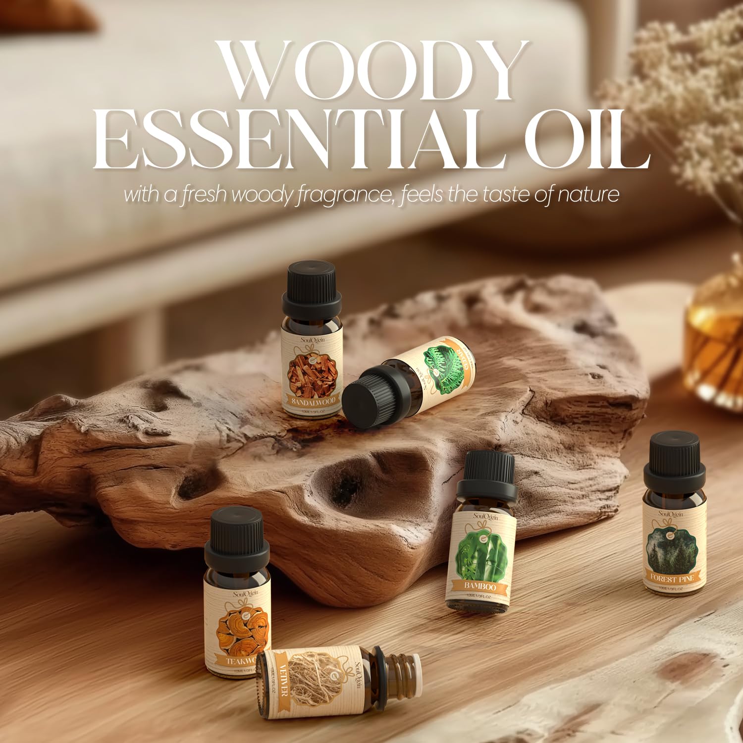 SoulOrigin Woody Oils Teak bottle captured in warm lighting