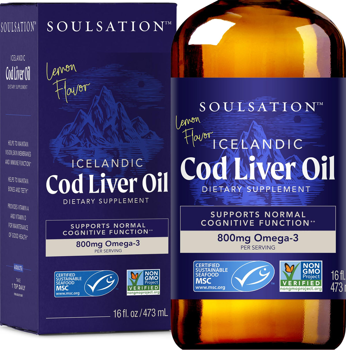 SOULSATION Icelandic cod liver oil bottle with lemon flavor supports immune function and healthy vision.