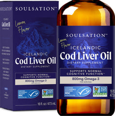 SOULSATION Icelandic cod liver oil bottle with lemon flavor supports immune function and healthy vision.