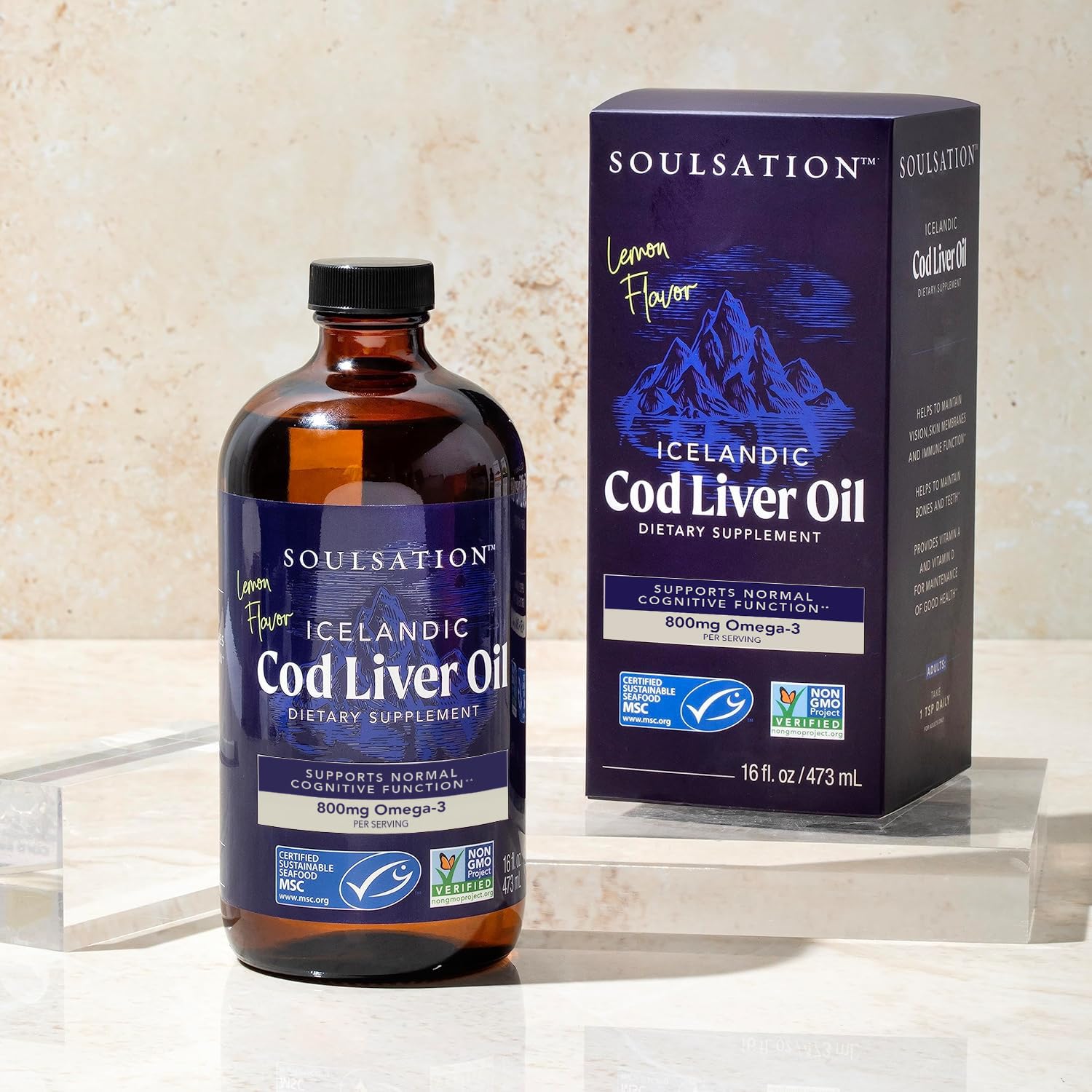 SOULSATION cod liver oil serving highlights EPA and DHA for daily omega-3 support.
