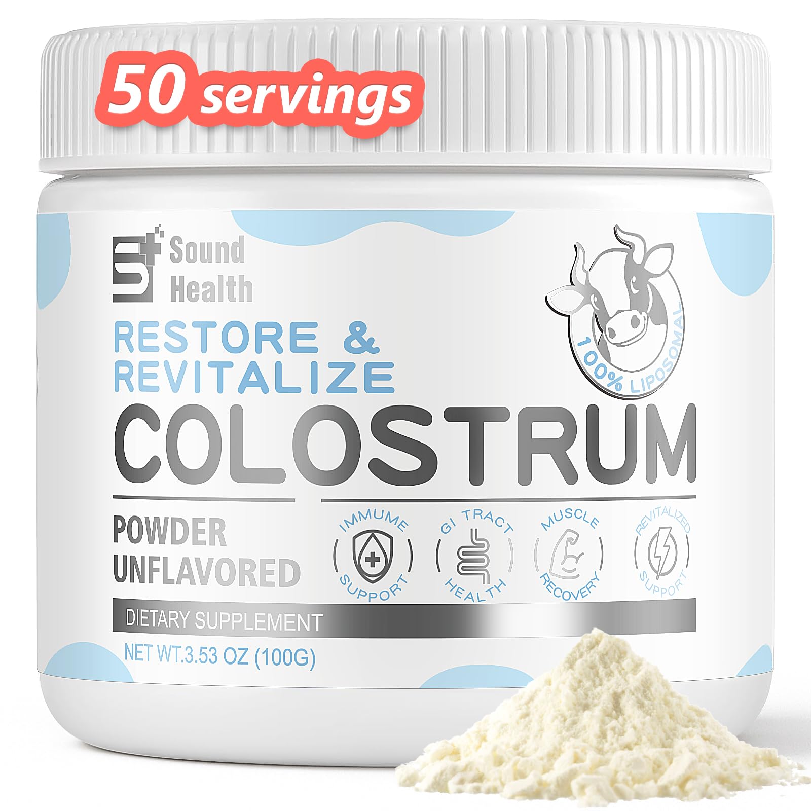Sound Health Colostrum powder bottle closeup highlighting premium bovine formula