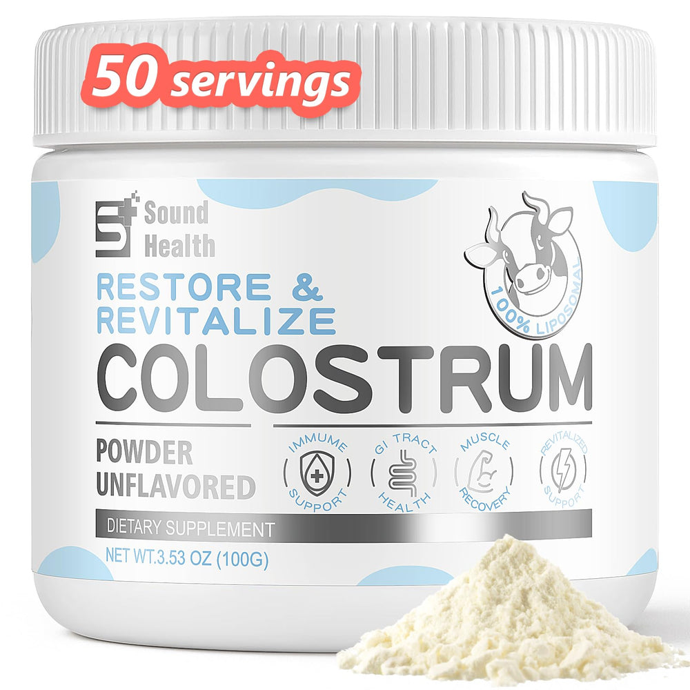Sound Health Colostrum powder bottle closeup highlighting premium bovine formula