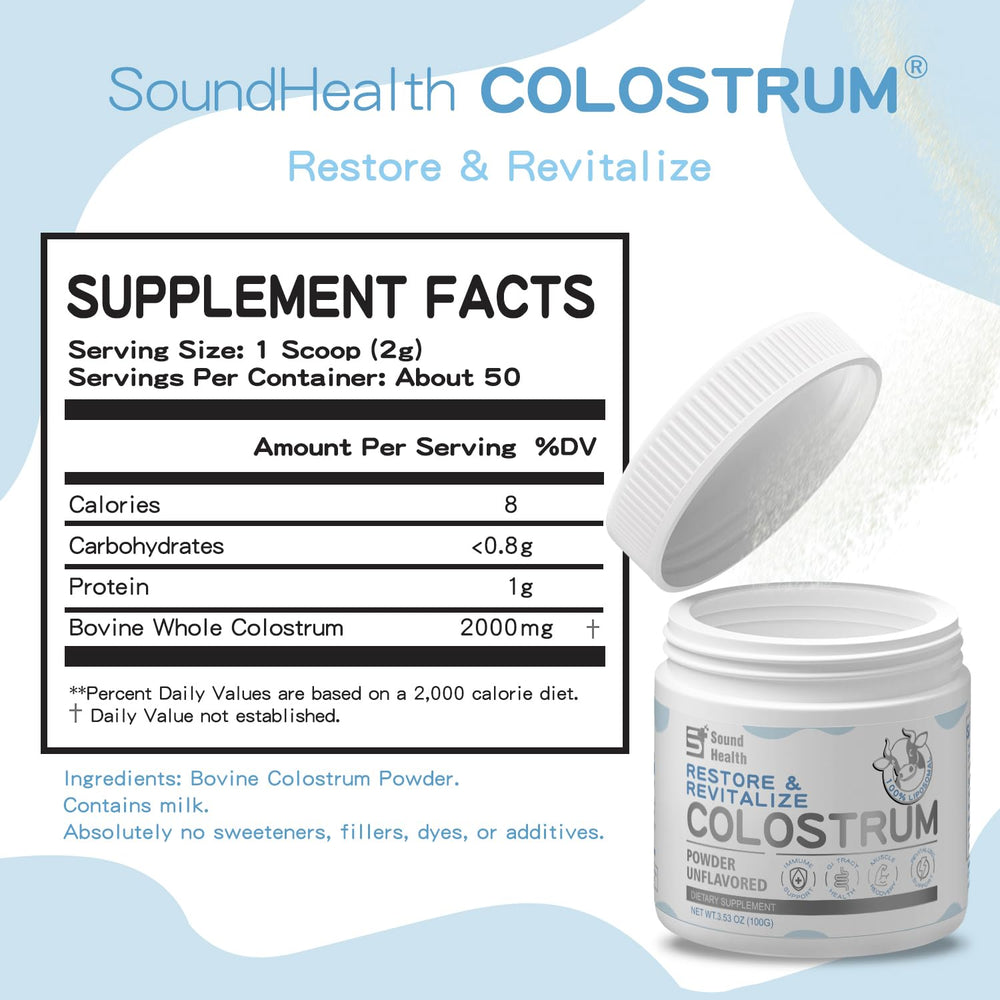 Sound Health Colostrum powder jar side view showing pure, additive-free nutrition