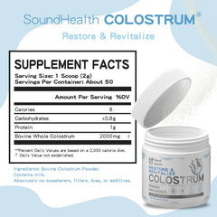 Sound Health Colostrum powder jar side view showing pure, additive-free nutrition