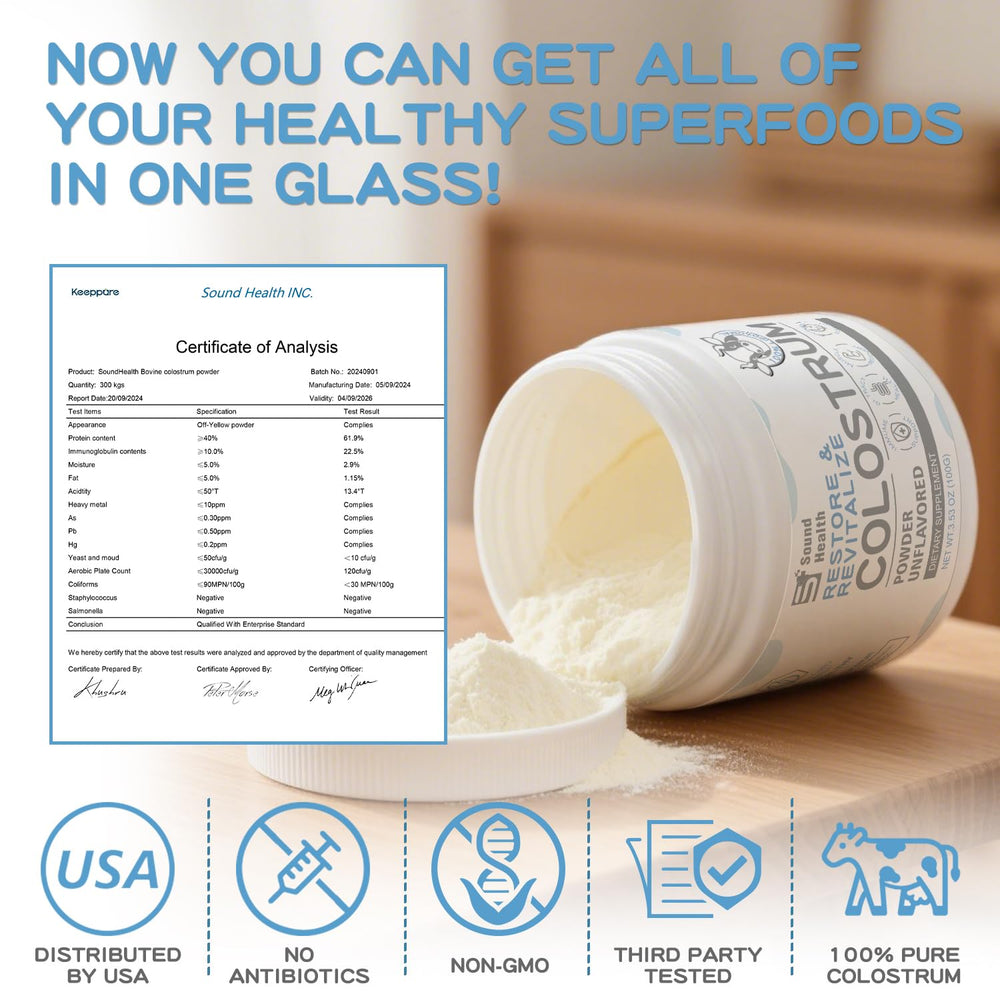 Sound Health Colostrum powder scoop with glass emphasizes immune and gut support