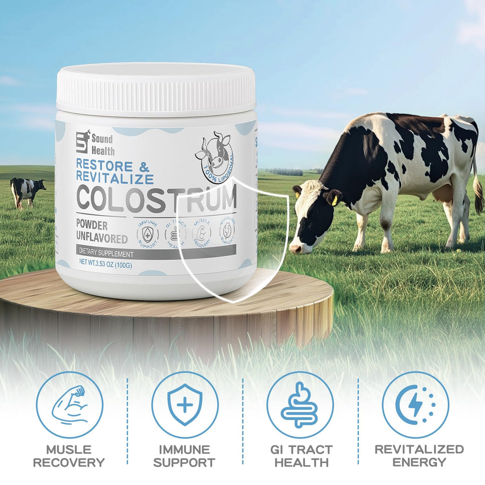 Sound Health Colostrum powder unflavored mix into glass for easy daily use