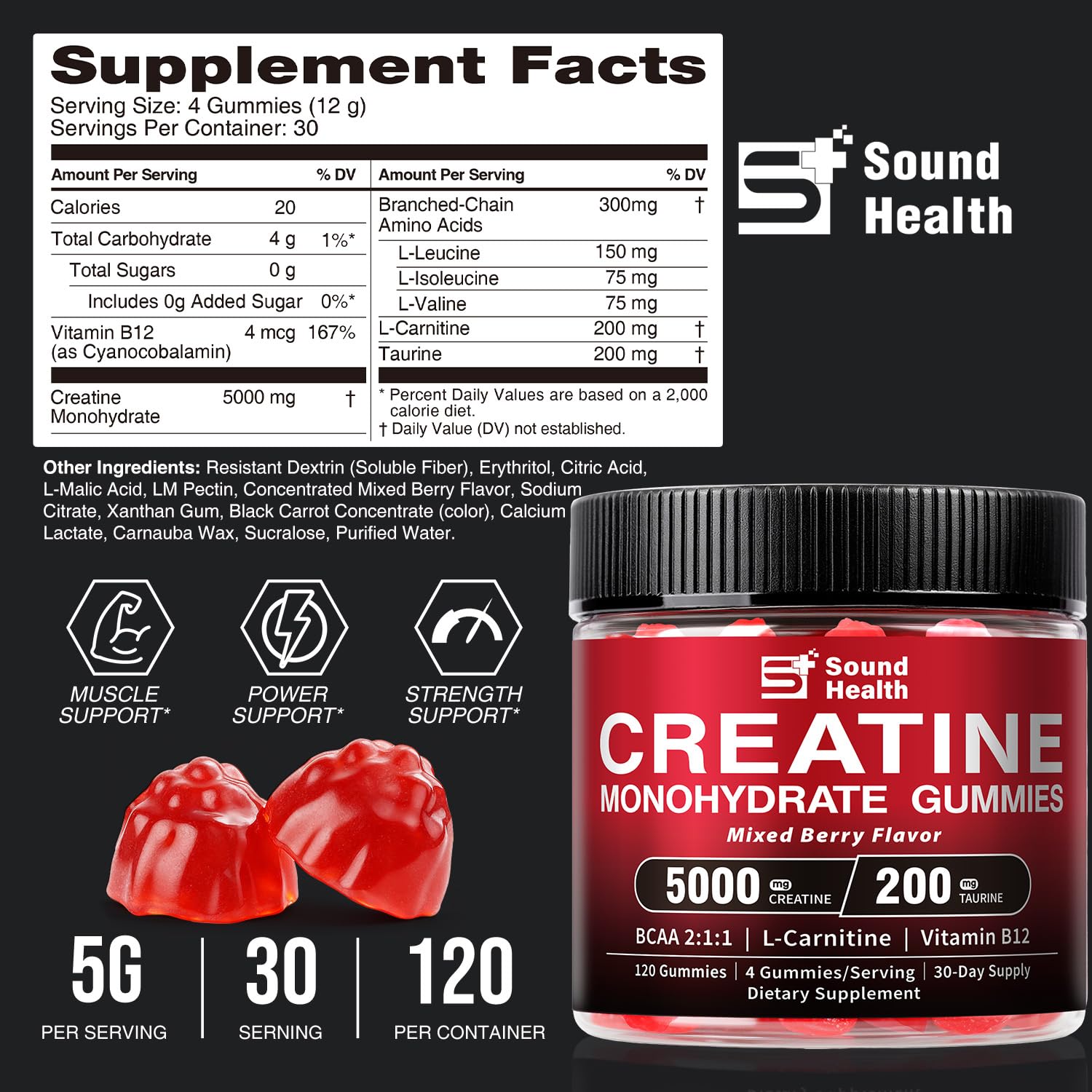 Sound Health Organic creatine gummies bottle side shows vegan, sugar-free formula