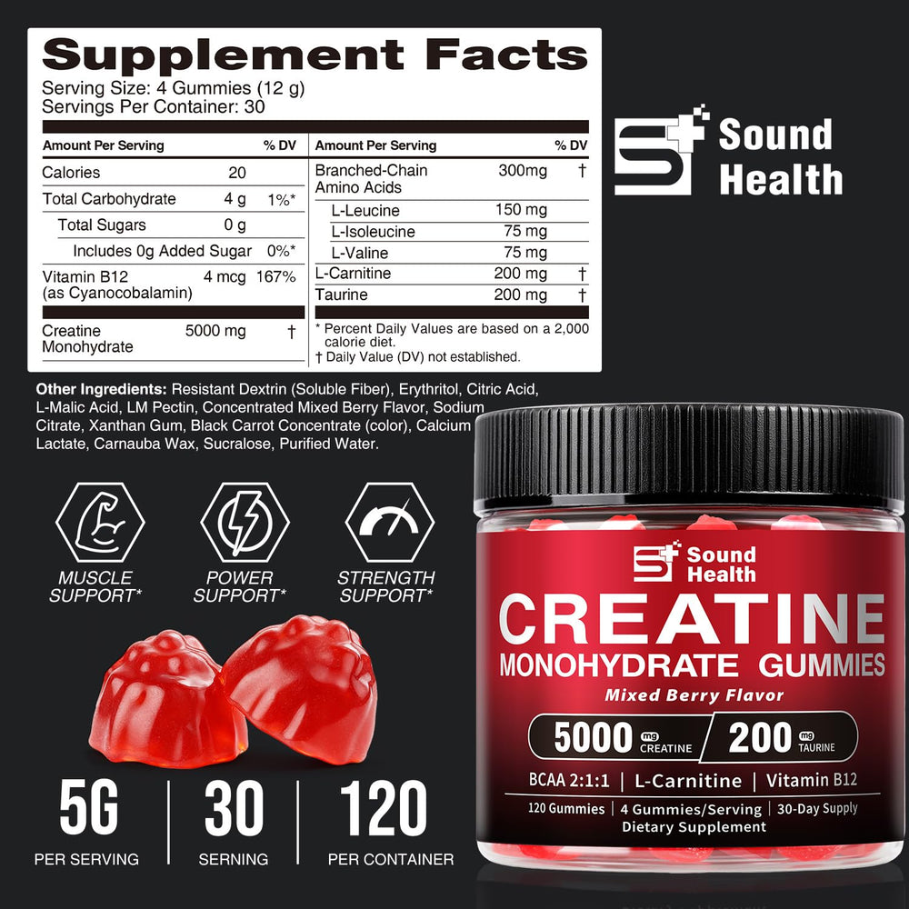 Sound Health Organic creatine gummies bottle side shows vegan, sugar-free formula