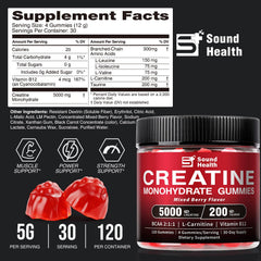 Sound Health Organic creatine gummies bottle side shows vegan, sugar-free formula