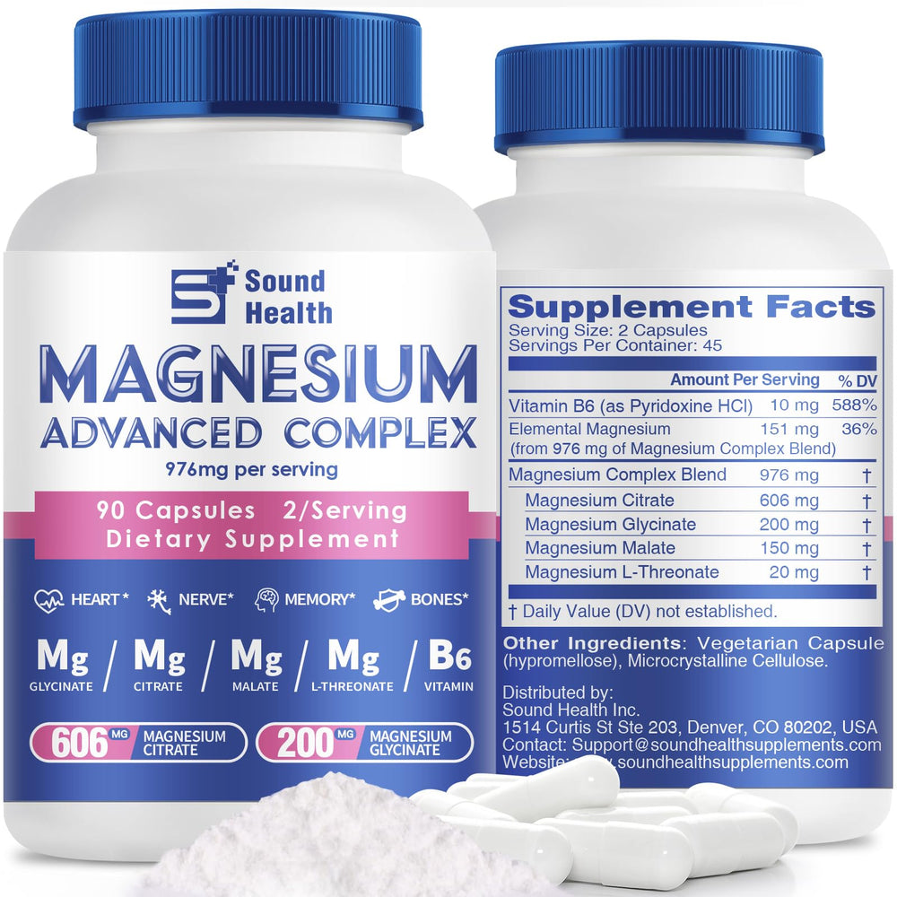 Sound Health Plus 5in1 magnesium bottle cap: convenient daily capsule routine for wellness support.