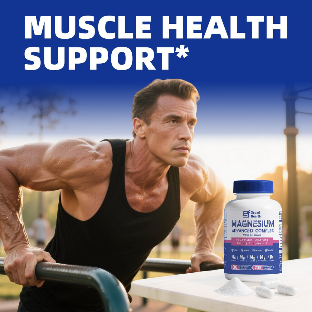 Sound Health Plus 5in1 magnesium capsules jar: resealable bottle keeps capsules fresh.