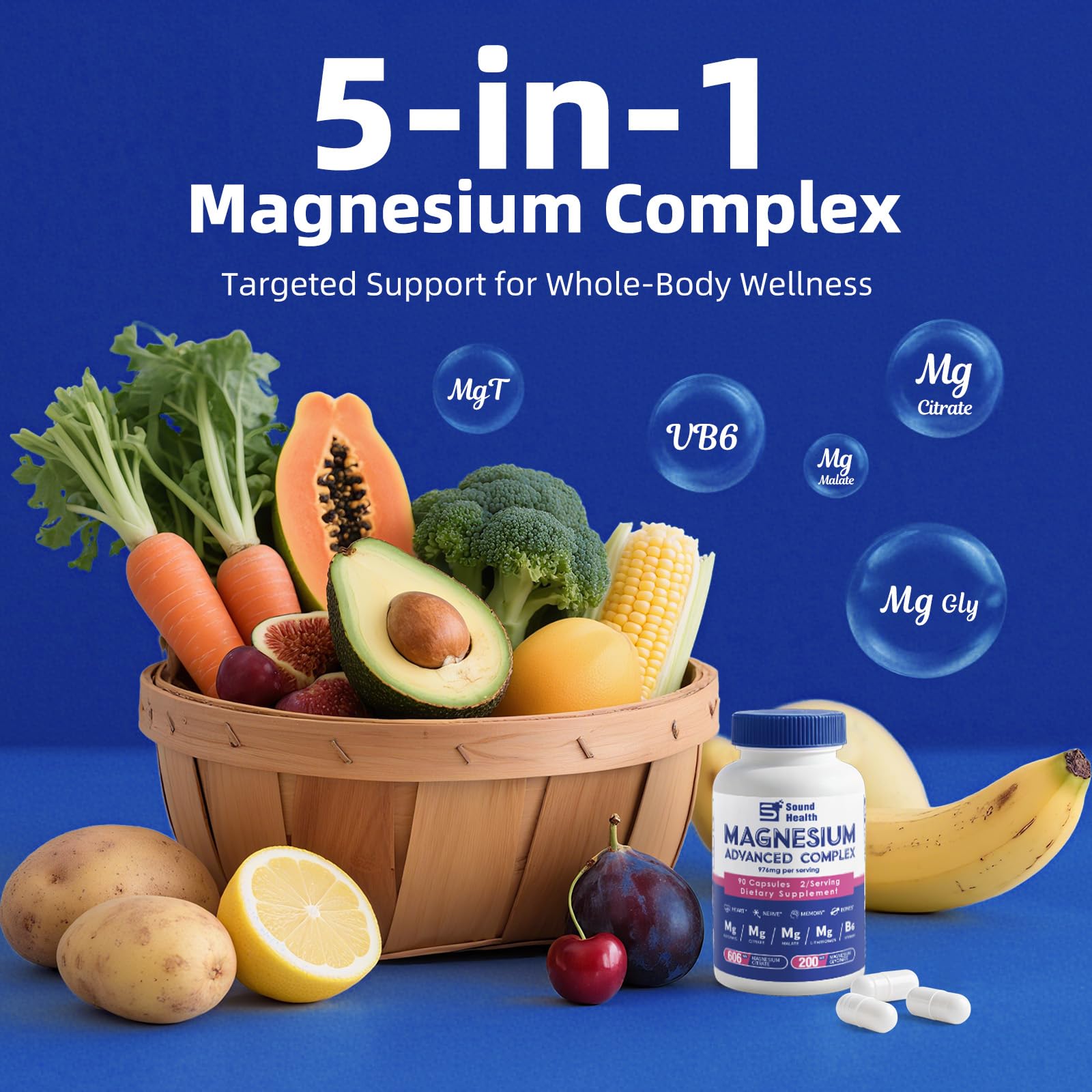 Sound Health Plus 5in1 magnesium label front: vegan, non-GMO formula you can trust.