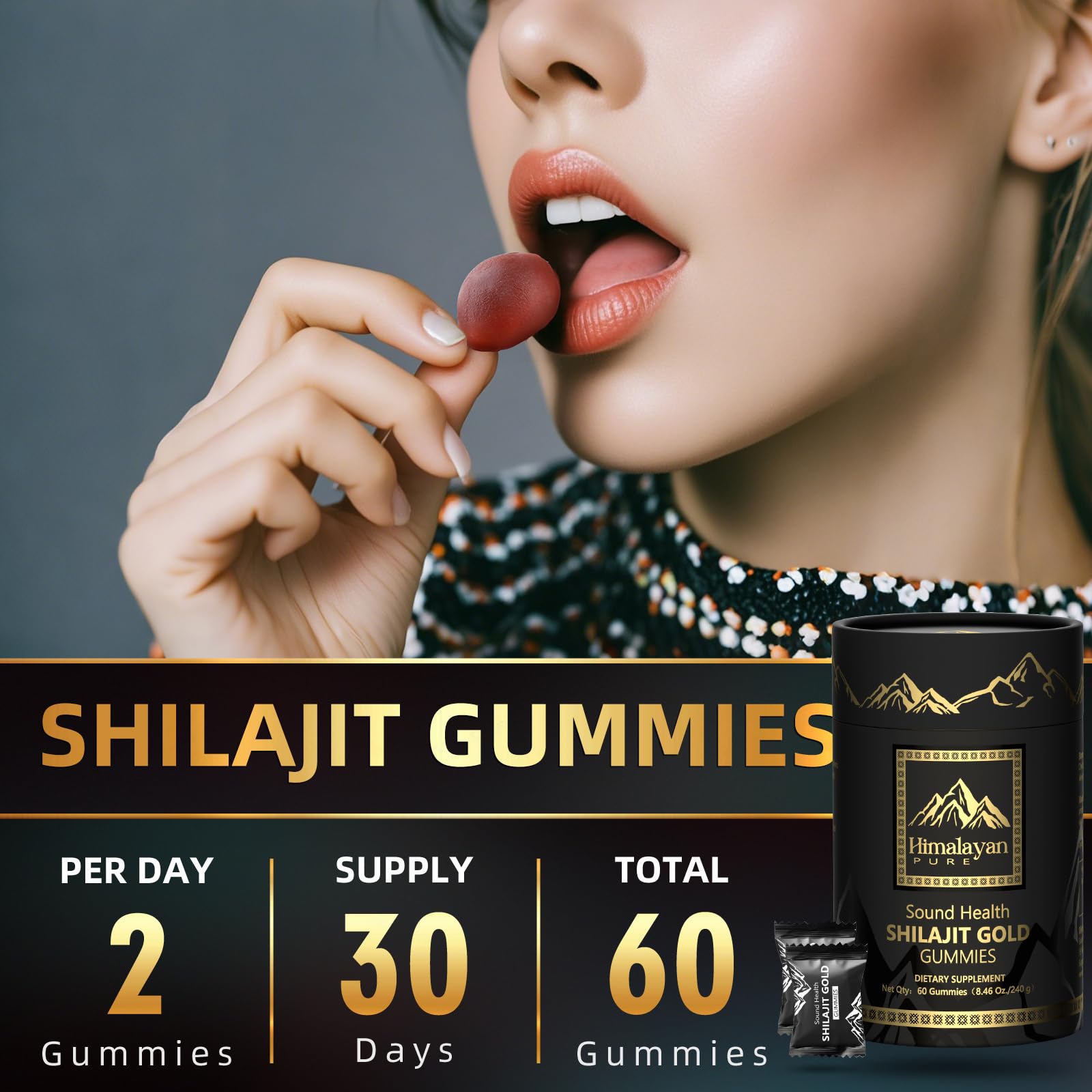 Sound Health Plus Shilajit Gold Gummies label notes no added sugar and vegan safety.