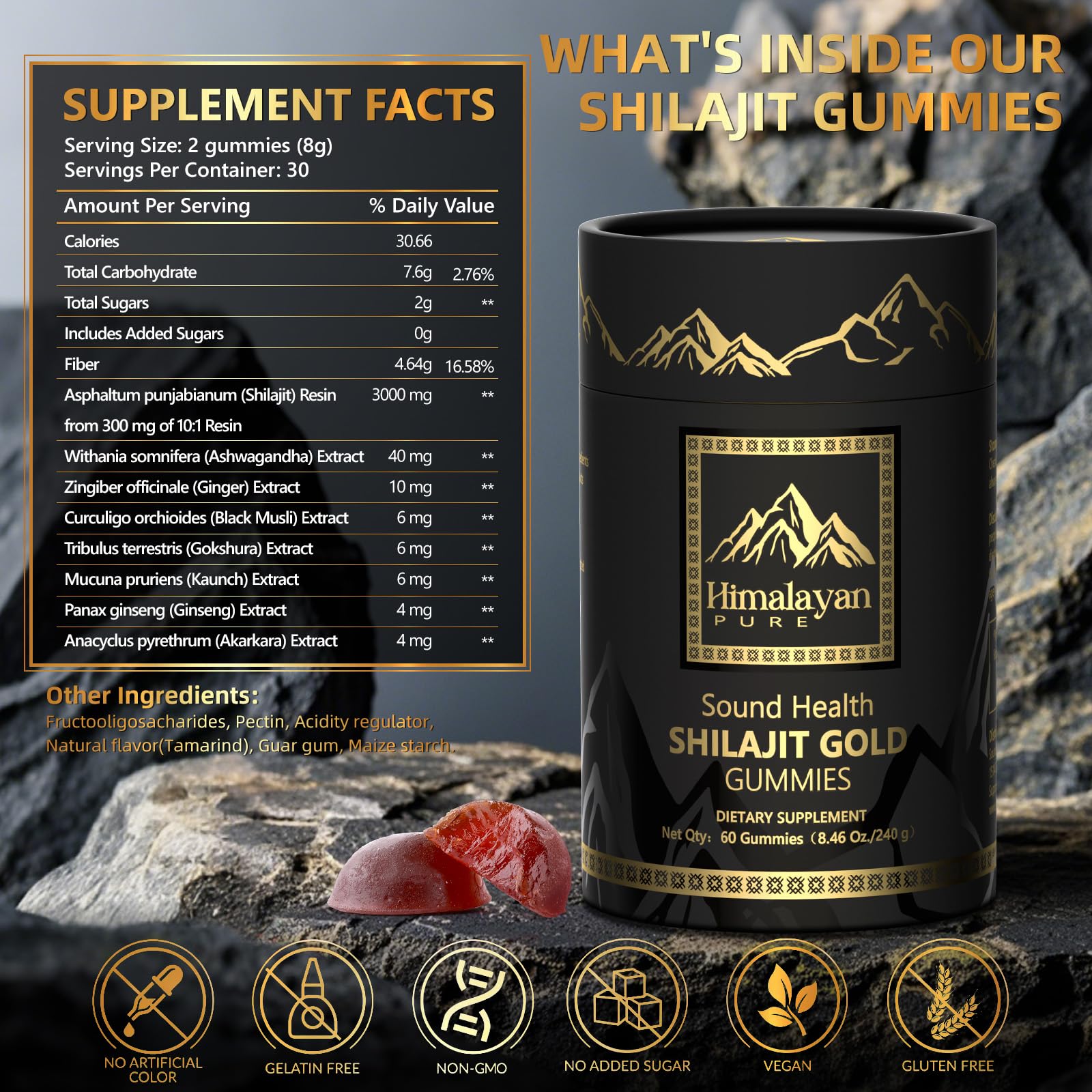 Sound Health Plus Shilajit Gold Gummies packaging emphasizes vegan, non-GMO ingredients.