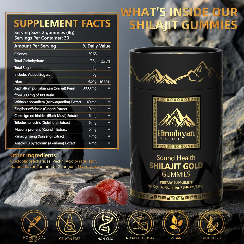 Sound Health Plus Shilajit Gold Gummies packaging emphasizes vegan, non-GMO ingredients.