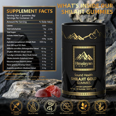 Sound Health Plus Shilajit Gold Gummies packaging emphasizes vegan, non-GMO ingredients.