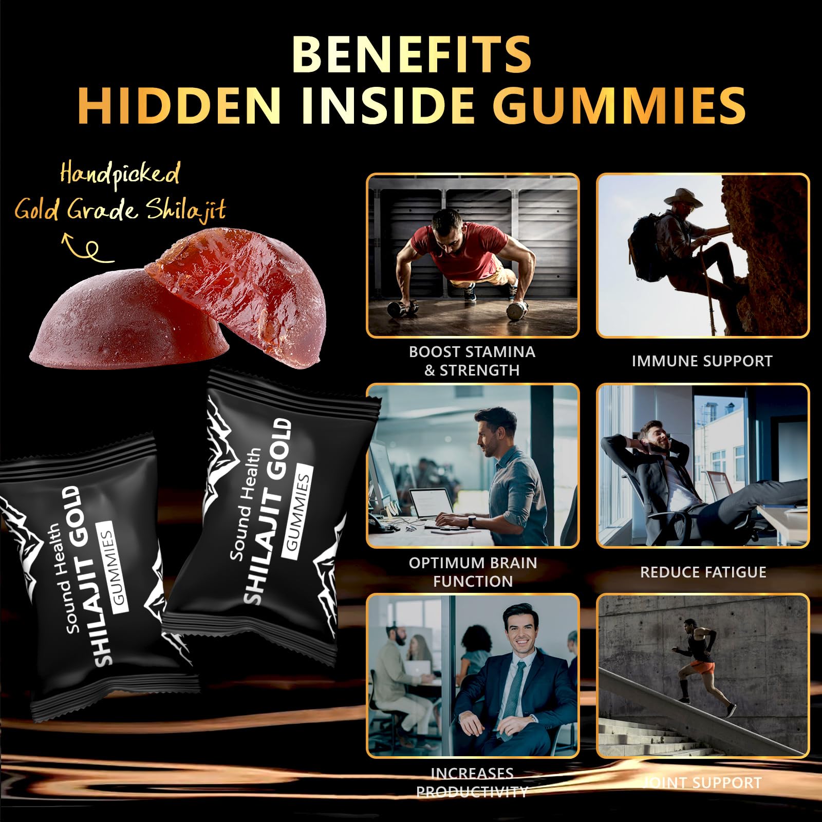 Sound Health Plus Shilajit Gold Gummies serving two per day on-the-go.
