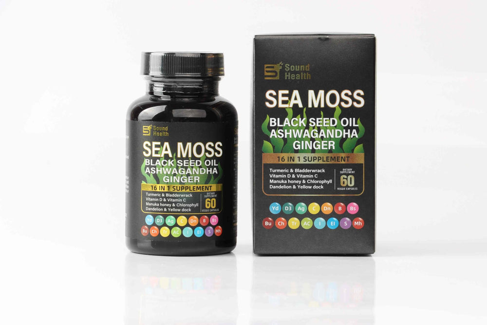 SoundHealth Sea Moss Capsules ingredients panel shows Latin names and plant parts.