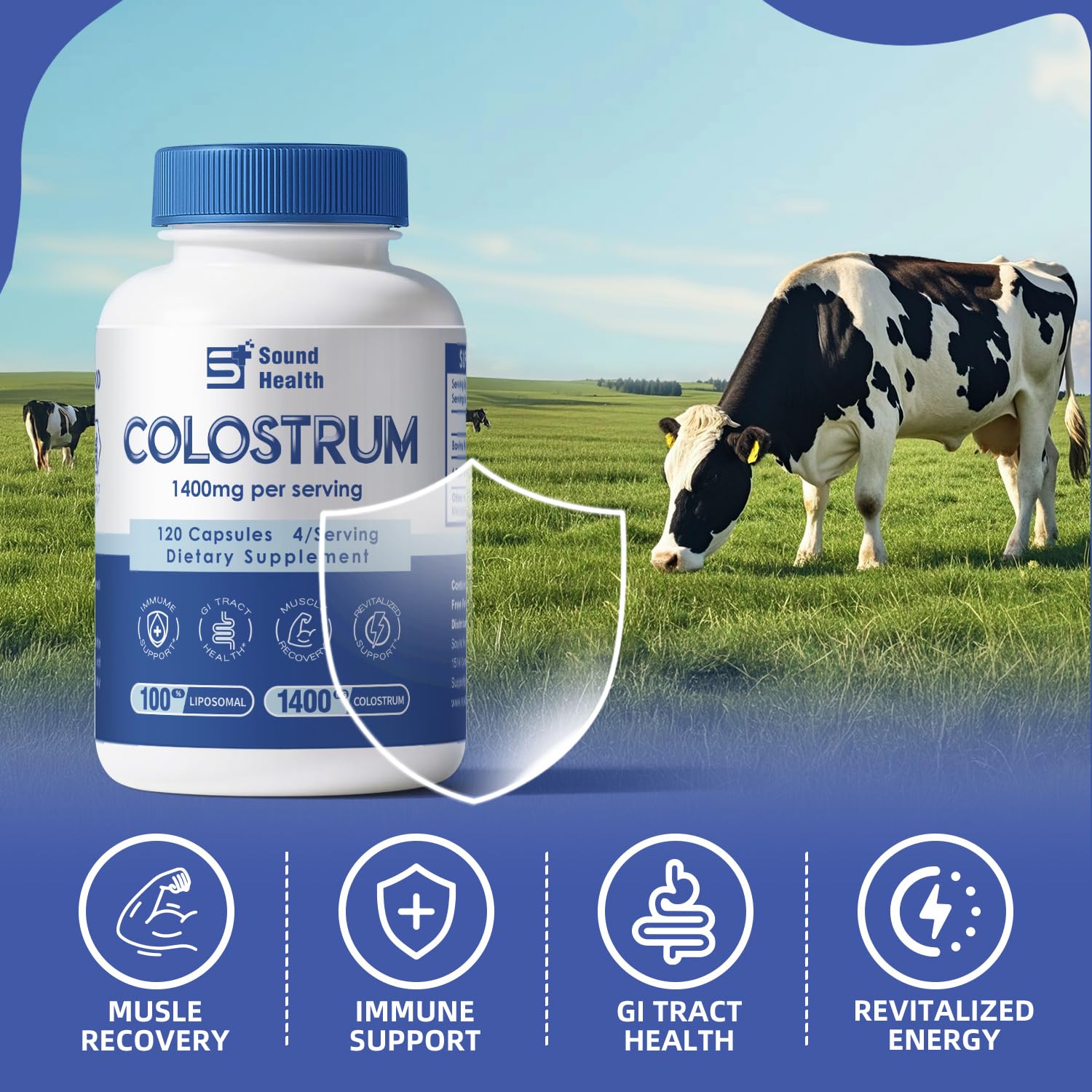 SoundHealth Colostrum bottle pour demonstrates effortless mixing into drinks