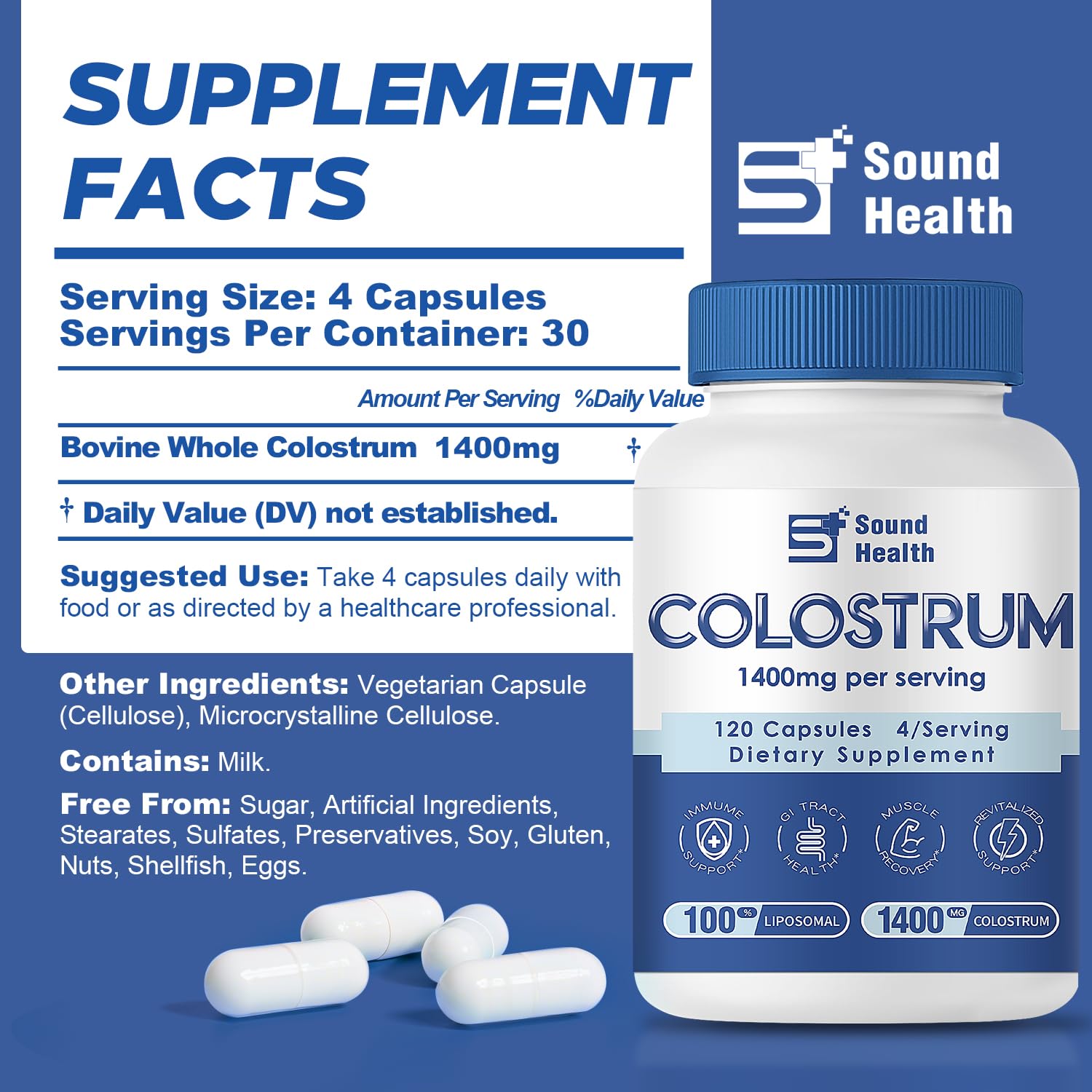 SoundHealth Colostrum capsules close-up for easy daily gut health support