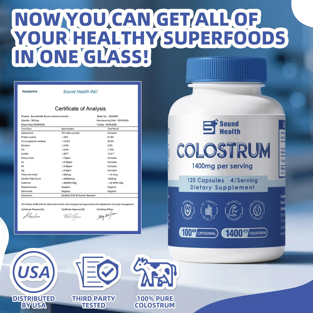 SoundHealth Colostrum package box highlights organic grass-fed sourcing