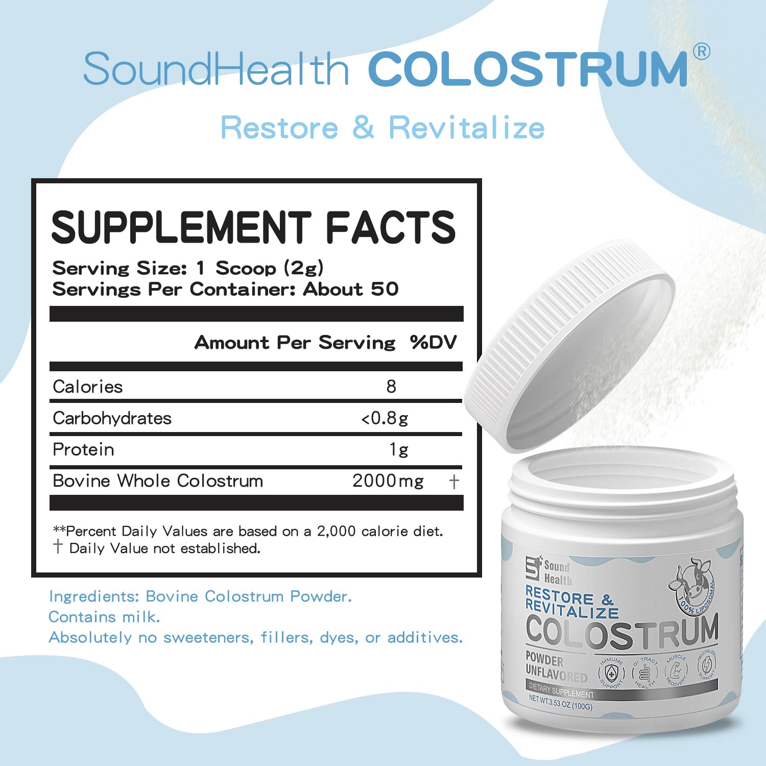 SoundHealth colostrum powder bottle on kitchen counter, convenient daily wellness ritual.
