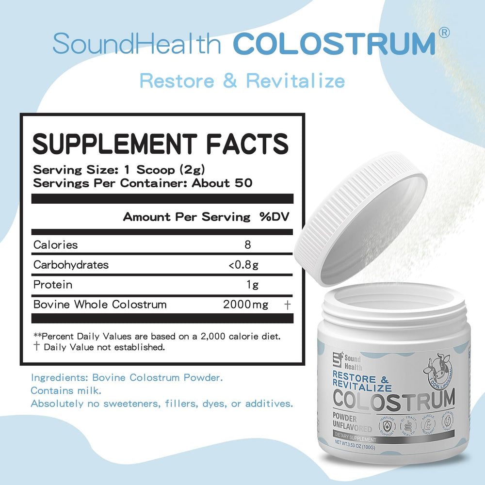 SoundHealth colostrum powder bottle on kitchen counter, convenient daily wellness ritual.