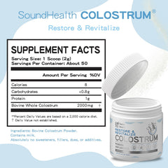 SoundHealth colostrum powder bottle on kitchen counter, convenient daily wellness ritual.