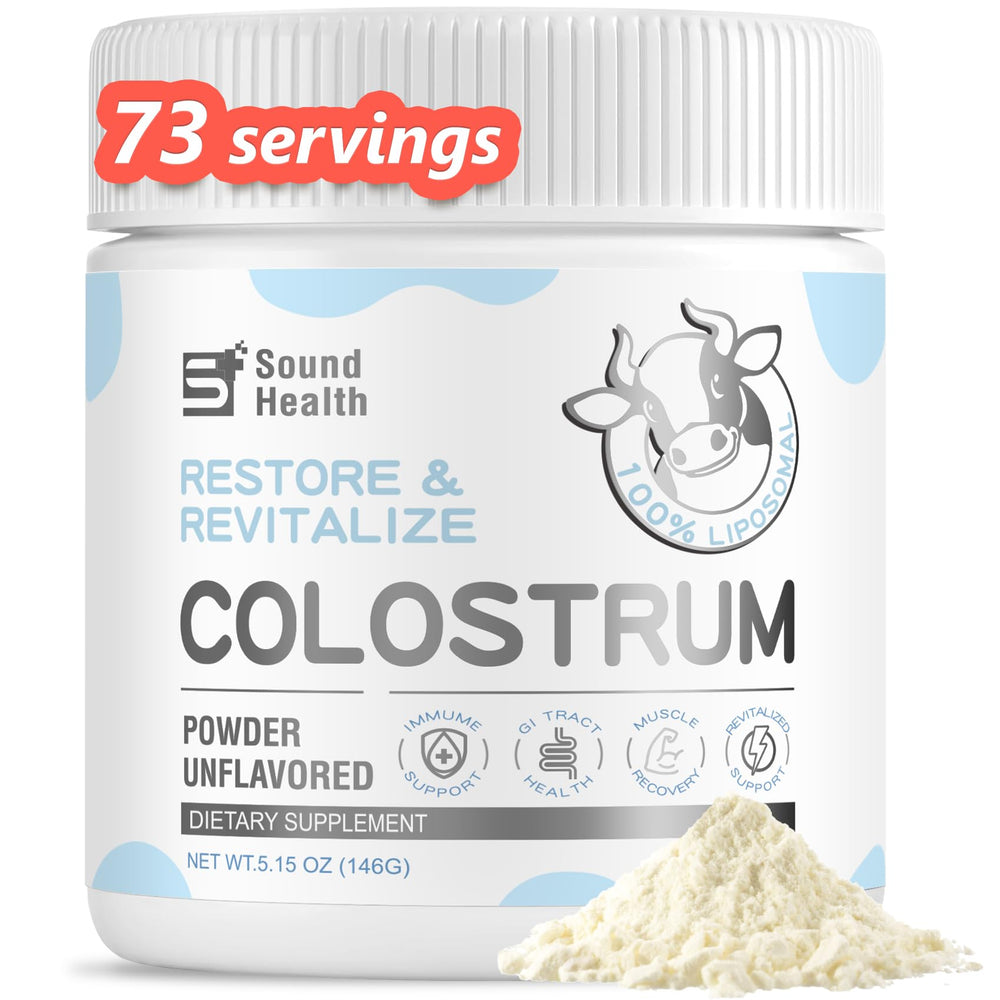 SoundHealth colostrum powder bottle for gut health and immune support.