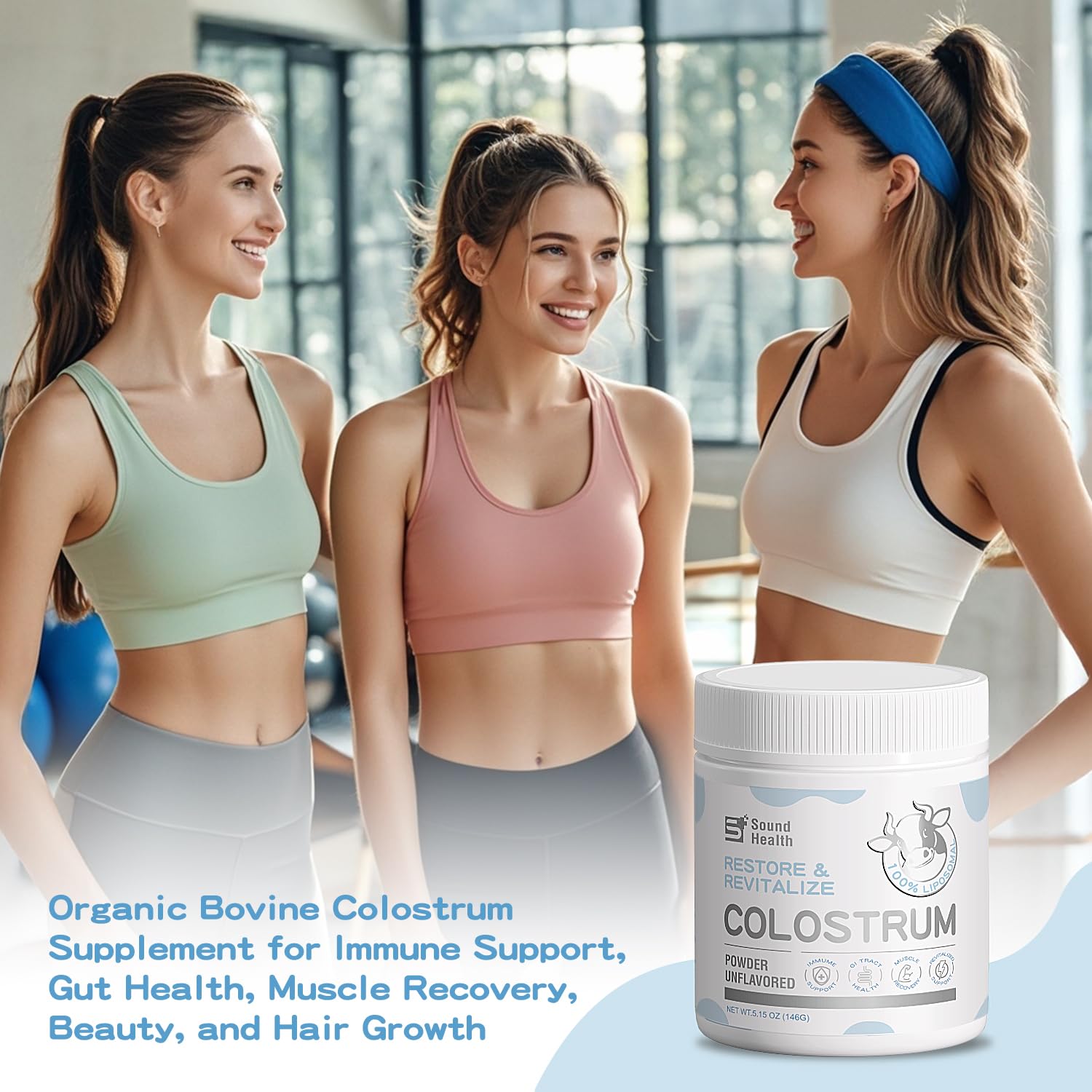 SoundHealth colostrum powder ready for daily routine on a kitchen counter.