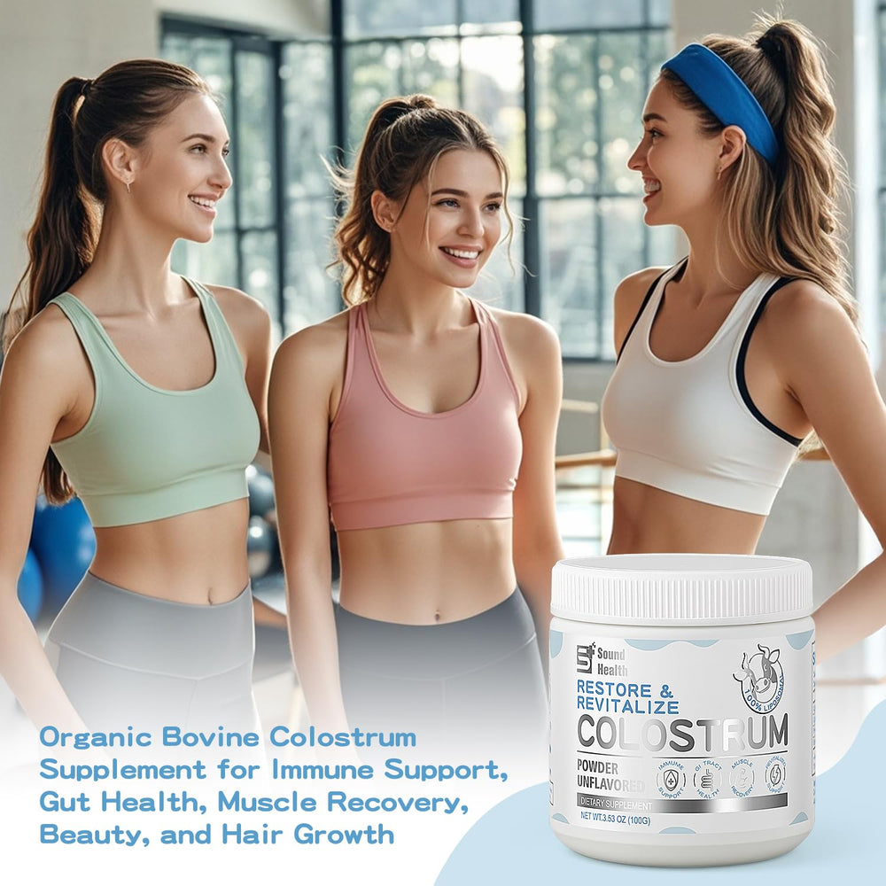 SoundHealth unflavored colostrum powder in scoop, easy addition to smoothies for overall vitality.