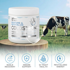 SoundHealth grass-fed sourcing icon with colostrum, emphasizing natural purity for gut health.