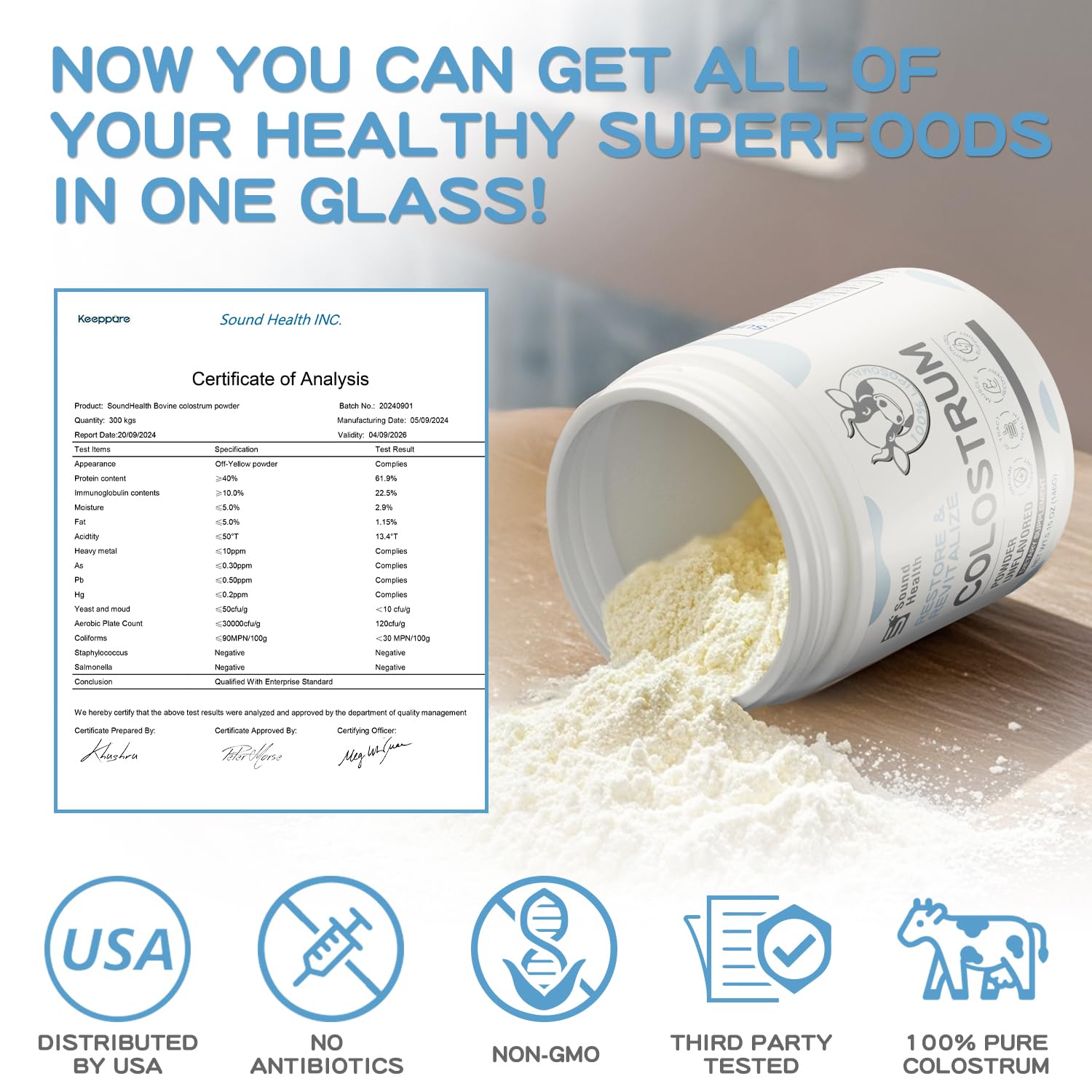 SoundHealth colostrum powder packaging label shows organic, grass-fed sourcing.