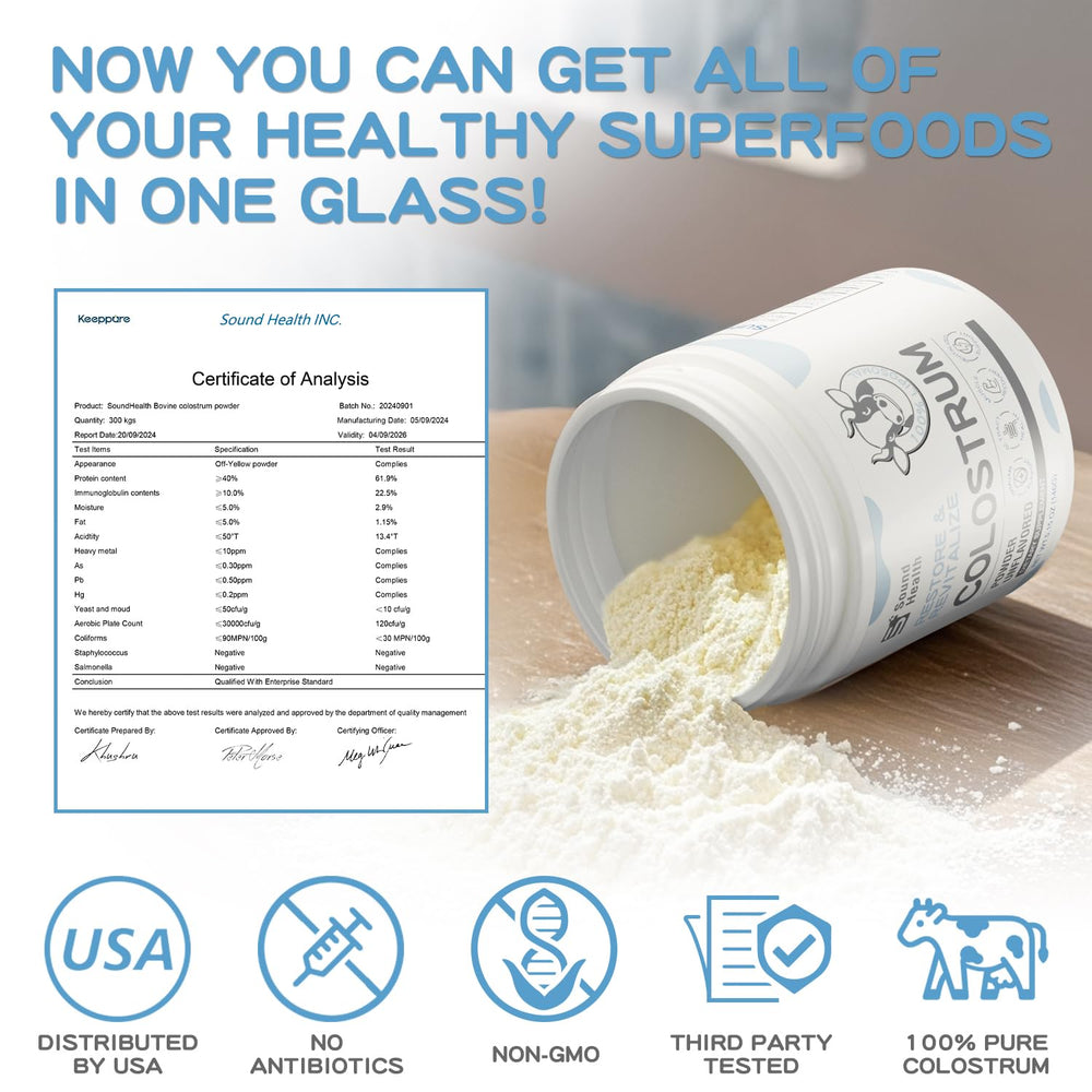 SoundHealth colostrum powder packaging label shows organic, grass-fed sourcing.
