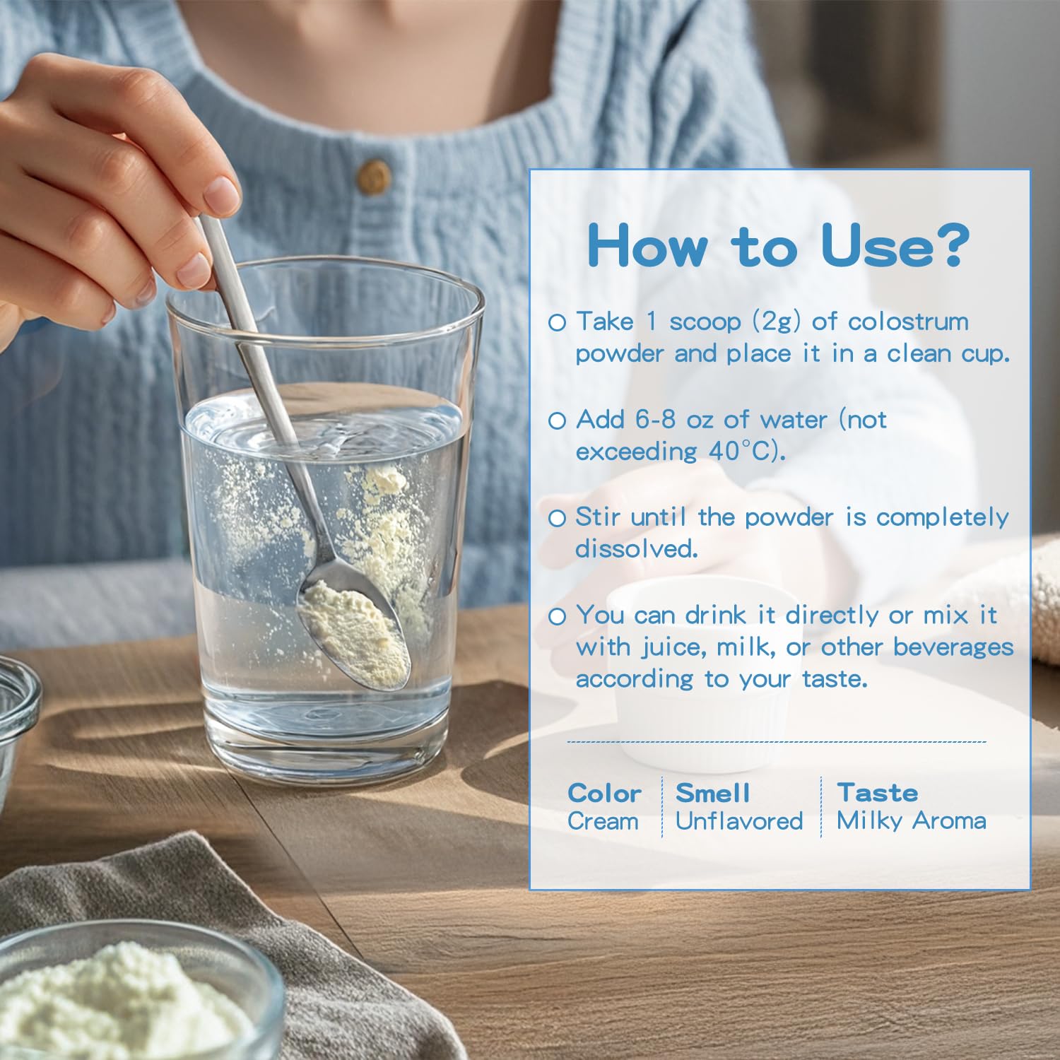 SoundHealth Colostrum powder packaging showing nutrients for immune support potential.