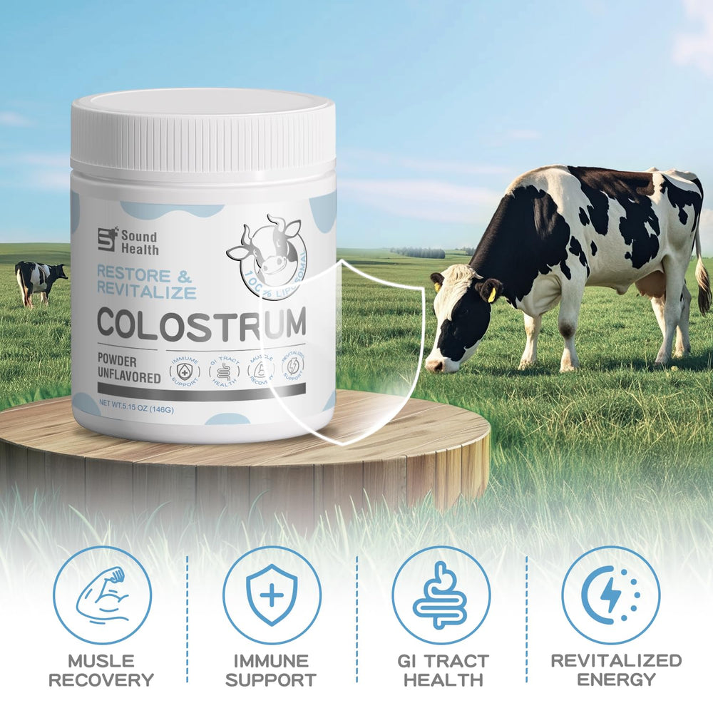 Pouring SoundHealth colostrum powder into a glass for a beverage.