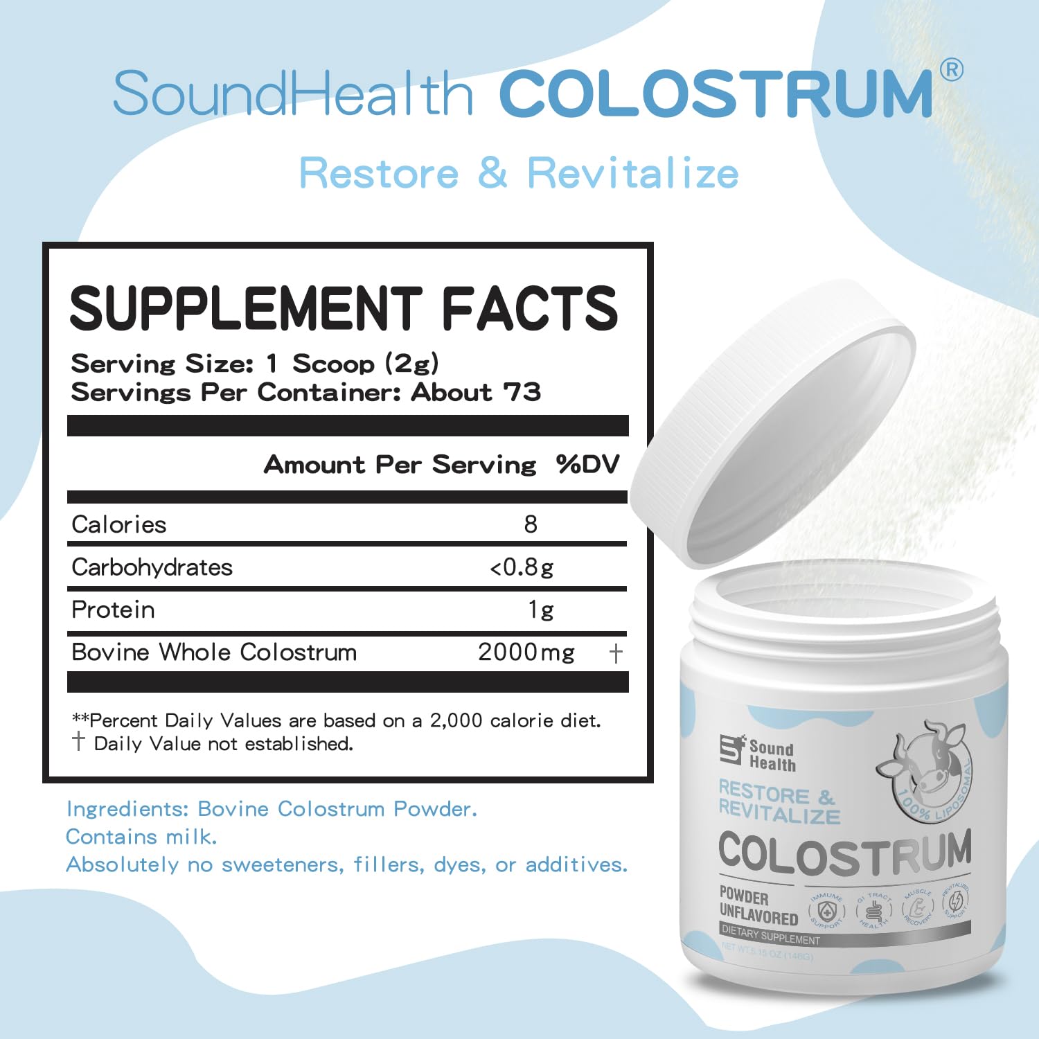 Scoop beside a glass of SoundHealth colostrum powder for easy mixing.