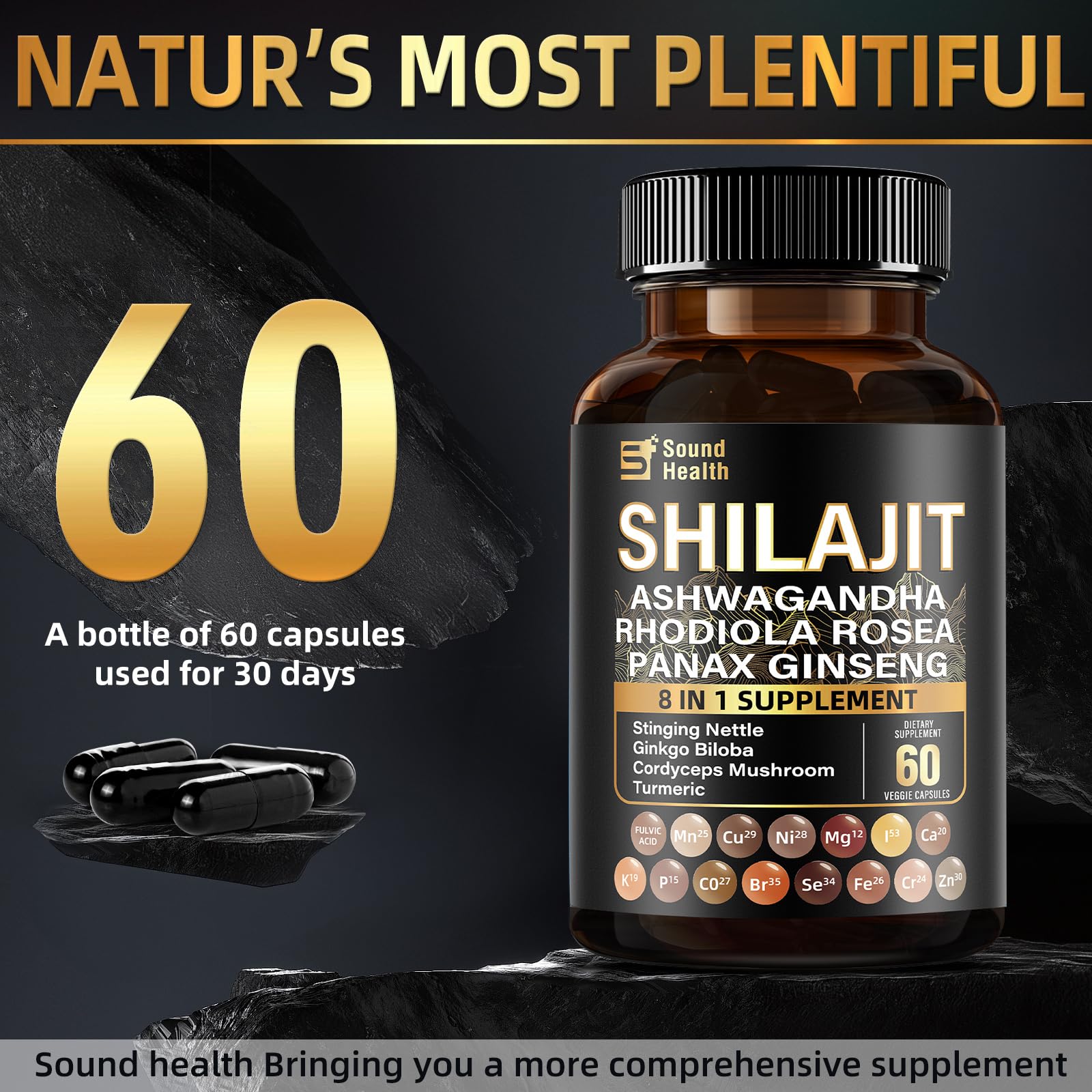 SoundHealth Ginger rhodiola capsule suggests natural energy balance.