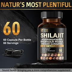 SoundHealth Pure Shilajit bottle back shows 8-in-1 formulation details.