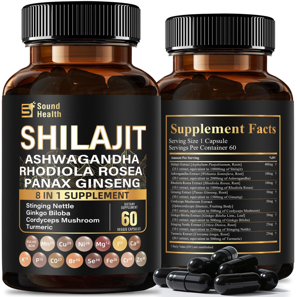 SoundHealth Pure Shilajit capsules bottle front for convenient daily nutrition.