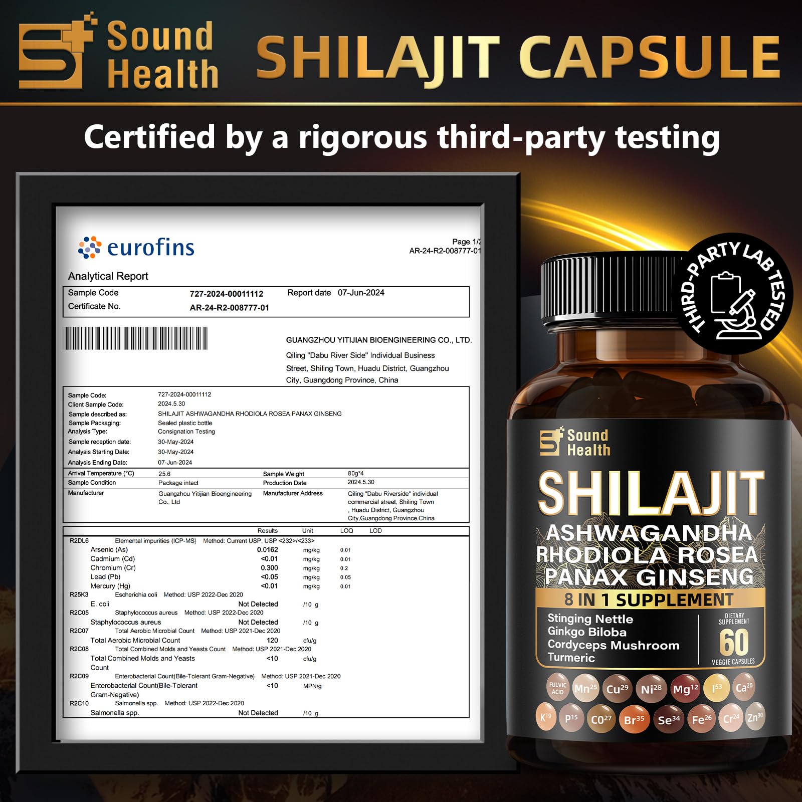 Close-up of SoundHealth Pure Shilajit capsules showing 25:1 extract concentration.