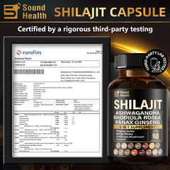 Close-up of SoundHealth Pure Shilajit capsules showing 25:1 extract concentration.