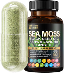 SoundHealth Sea Moss Capsules bottle front shows the 1200mg blend for daily energy.