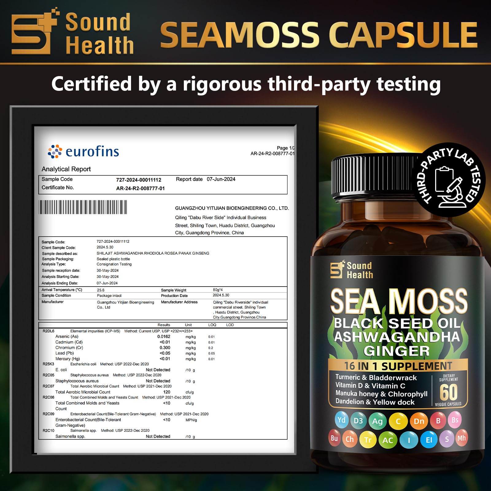 SoundHealth Sea Moss Capsules inside bottle demonstrates convenient daily intake.
