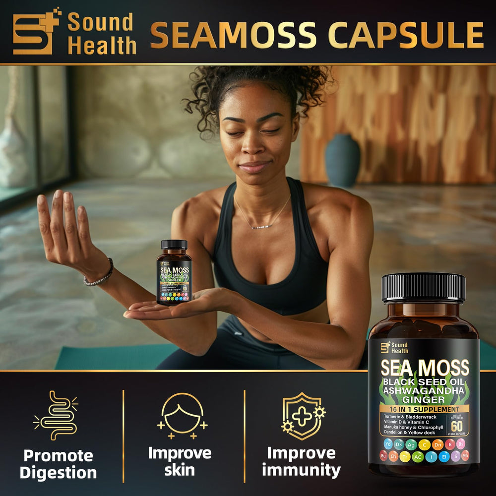 SoundHealth Sea Moss Capsules third-party testing seal signals quality assurance.