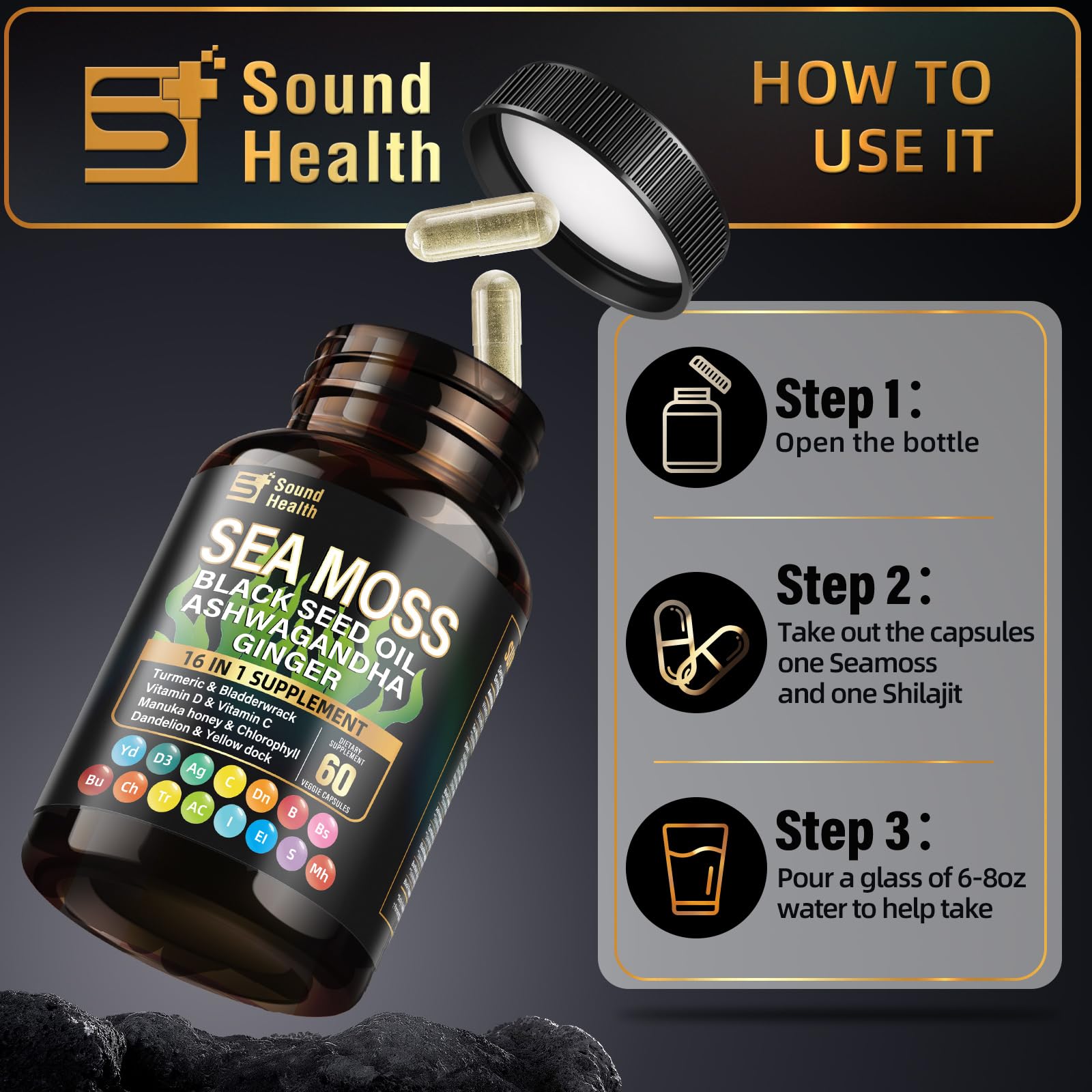 SoundHealth Sea Moss Capsules vegan capsules with hypoallergenic hypromellose shell.
